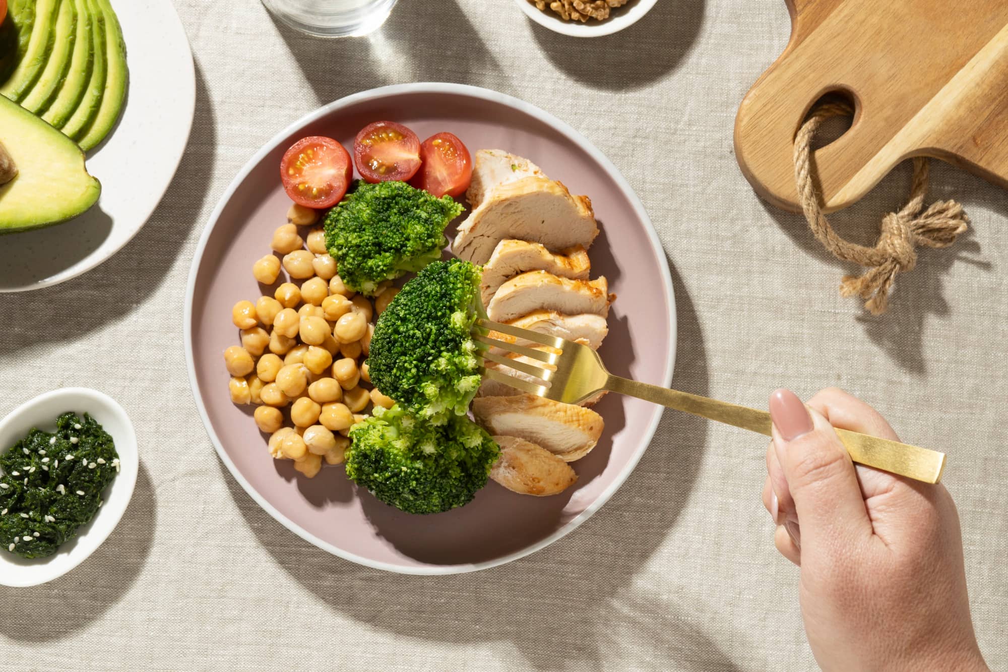 Top view of plate with keto diet food and spinach